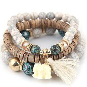 Wood Beads Boho Small Elephant Charm Bracelet Set